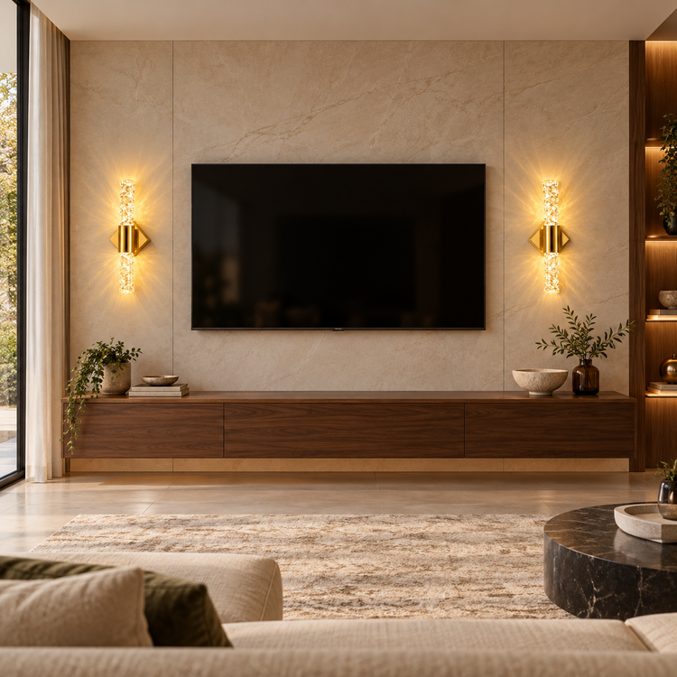 VOXIFY Burgu Desenli Aplik Gold — TV ünitesi çevresinde ikili. Dekoratif kullanım görseli.