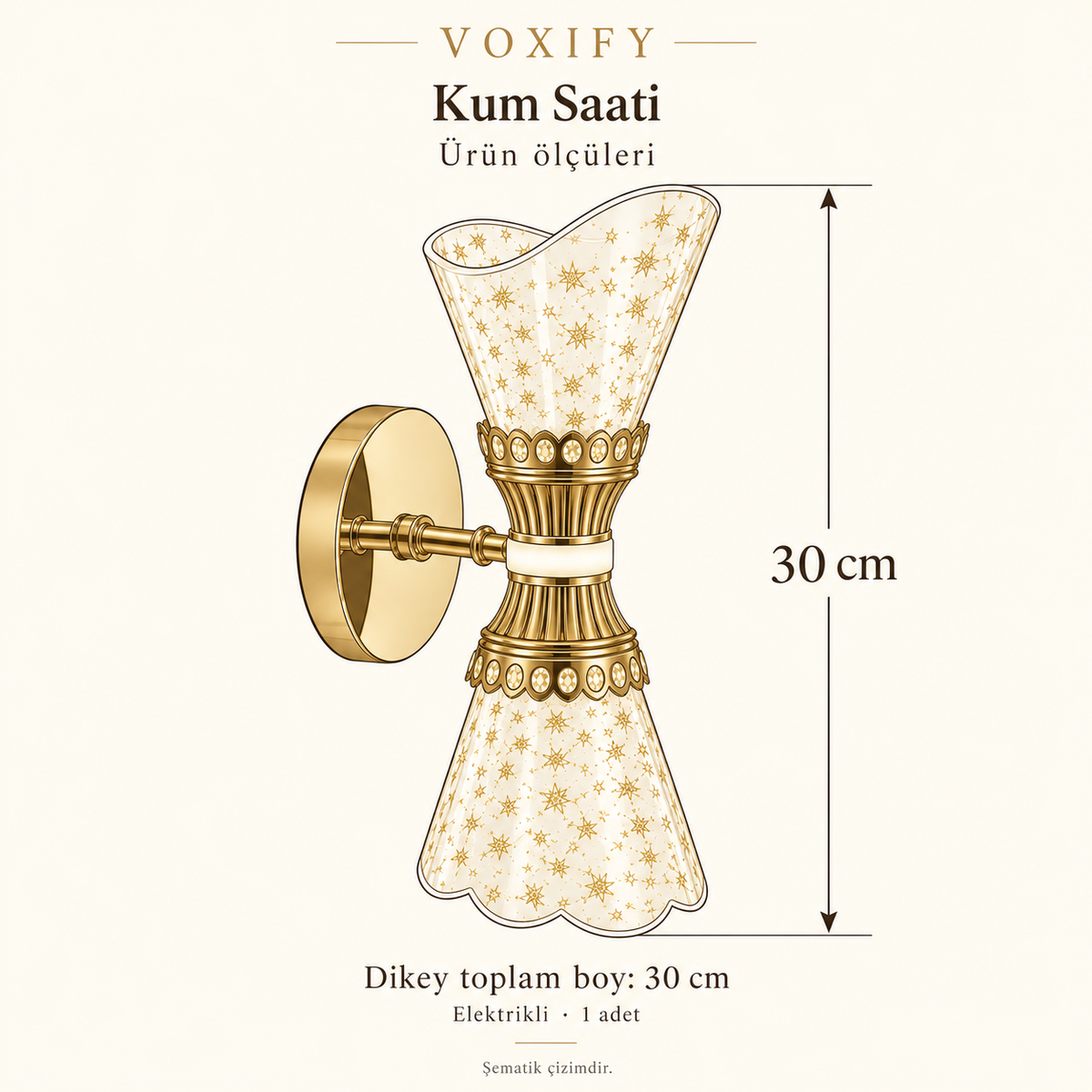 VOXIFY Kum Saati Kristal Efektli Aplik – Gold — ürün krokisi, dikey toplam boy 30 cm.