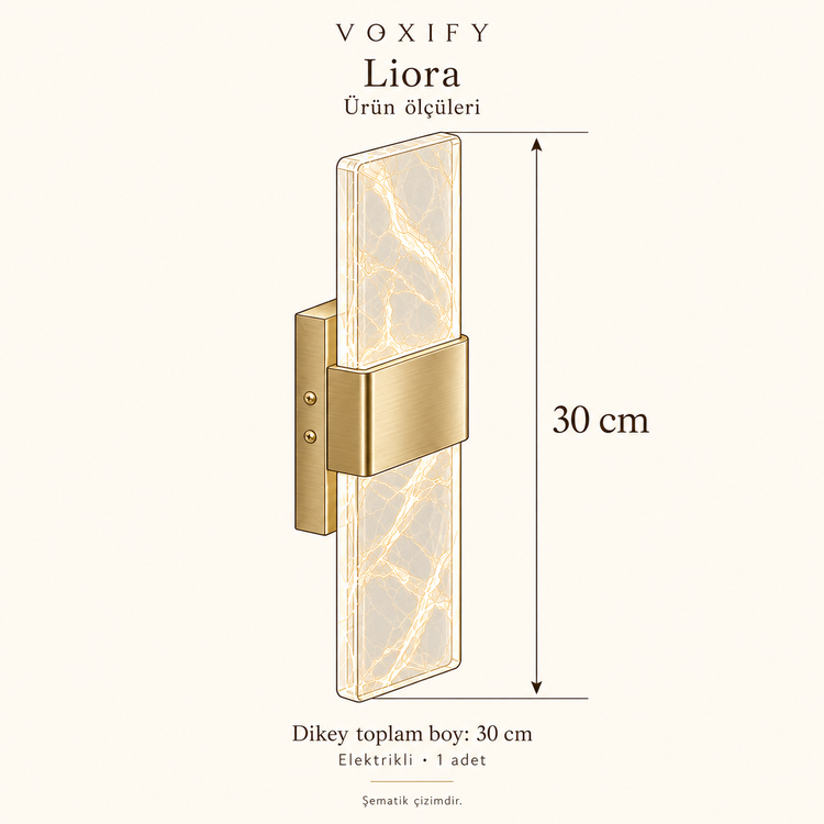 VOXIFY Liora Mermer Desenli Dikdörtgen Aplik – Krom — ürün krokisi, dikey toplam boy 30 cm.