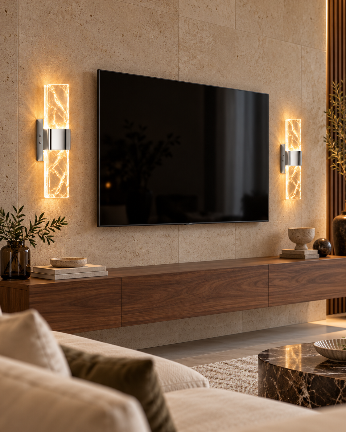 VOXIFY Liora Mermer Krom — TV ünitesi dekoratif kullanım örneği; 30 cm, elektrikli aplik.