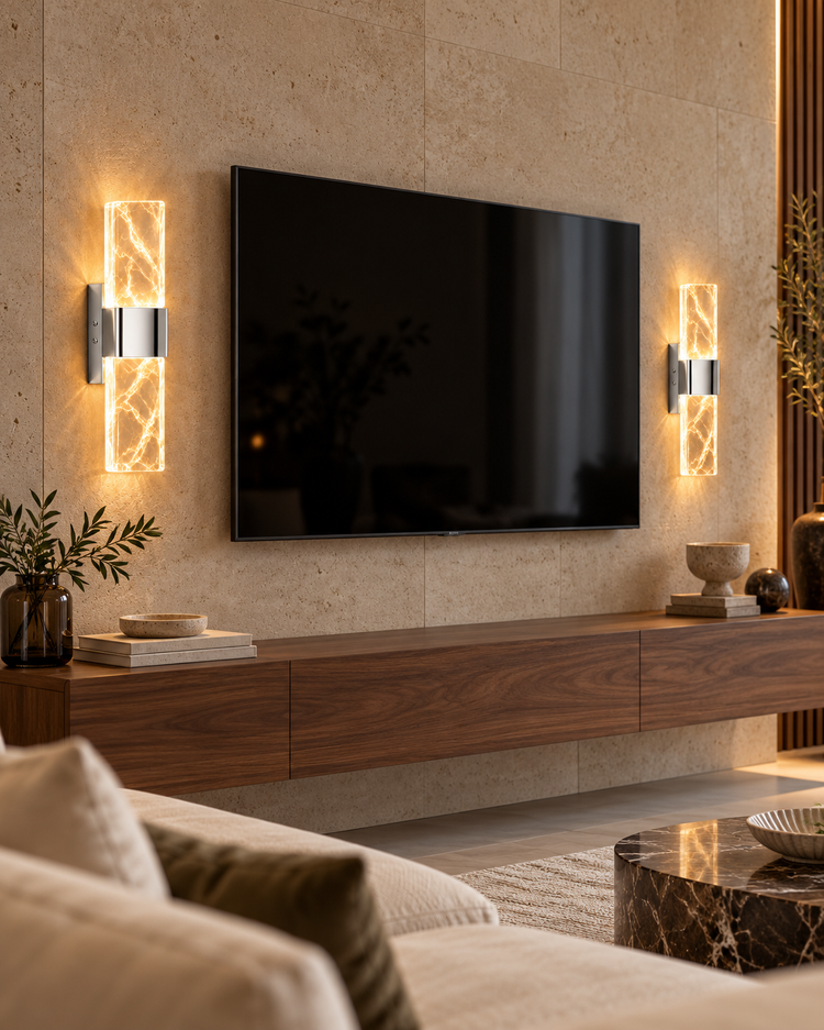 VOXIFY Liora Mermer Krom — TV ünitesi dekoratif kullanım örneği; 30 cm, elektrikli aplik.